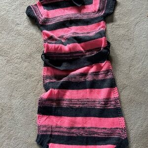 Love at First Sight sweater dress with fold over cowl neck. Pink Black metallic